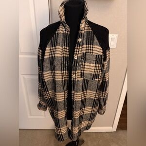 white birch Black and Cream Plaid Button-Down Shirt Jacket